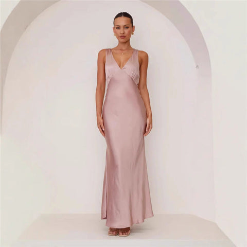 Women's Clothing Solid Color And V-neck Slim Fit Dress