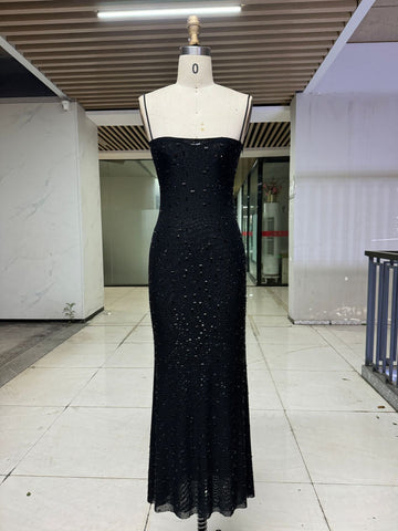 Elegant Nude & Black Sequin Spaghetti Strap Dress - High-End Luxury Slim Fit Long Dress For Parties, Birthdays & Special Occasions