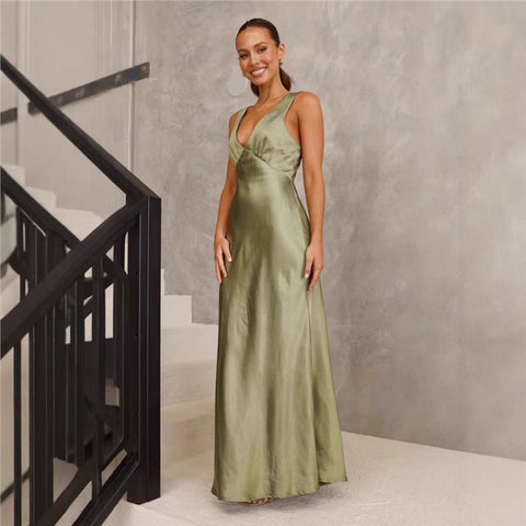 Women's Clothing Solid Color And V-neck Slim Fit Dress