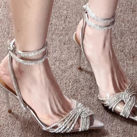 Transparent Cross Sparkling Rhinestones Pointed High Heels For Women