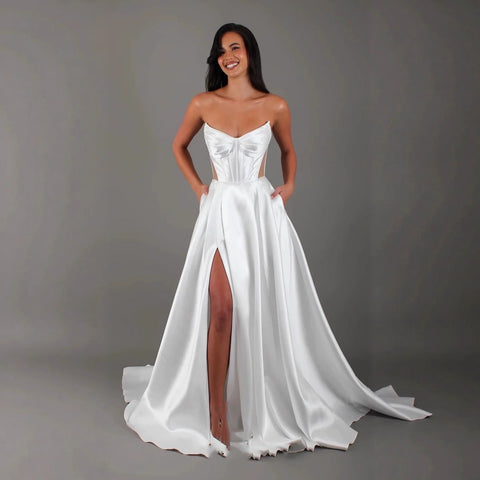 White Satin Slit Pocket Bandage Wedding Dress