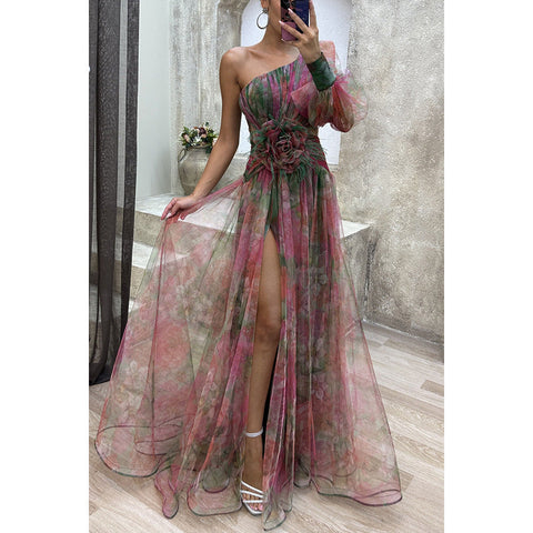 New Party Mesh Slanted Shoulder Dress INS Casual And Fashionable Women's Long Skirt