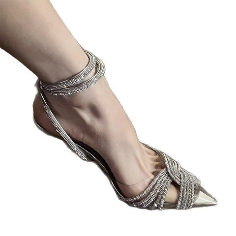 Transparent Cross Sparkling Rhinestones Pointed High Heels For Women